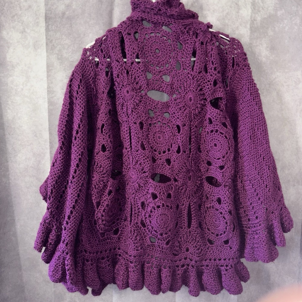 100% Handmade Large Purple Willow Granny Square Cardigan Ruffle Bell‎ Sleeves - Picture 7 of 12